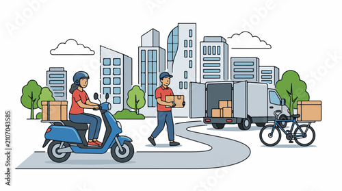 Urban delivery services with scooter truck and bicycle