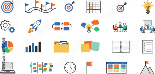Agile project management and scrum workflow flat icon set featuring kanban board roadmap target rocket idea brainstorming meeting timeline vector illustration