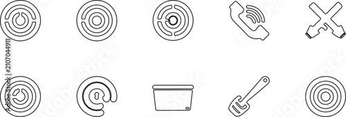Collection of outline icons depicting various technological and utility symbols in black lines with technology, elements