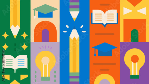 Geometric Back To School Banners Featuring Graduation Caps Open Books And Light Bulbs Vector Illustration academic achievement