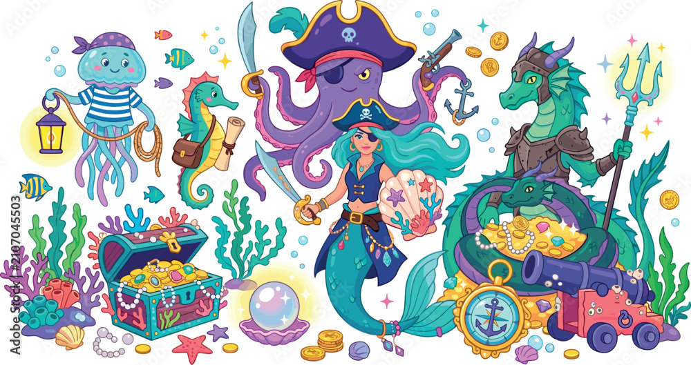 Obraz premium Cute cartoon mermaid and ocean creature pirate vector set with octopus seahorse jellyfish dragon and hidden treasure chest