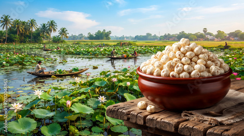  Fox nut also known in India as Dried makhana, phool makhana, lotus or water lily seeds in bowl in makhana pond background, used in India for preparing various foods cooking, sweets,healthy snack