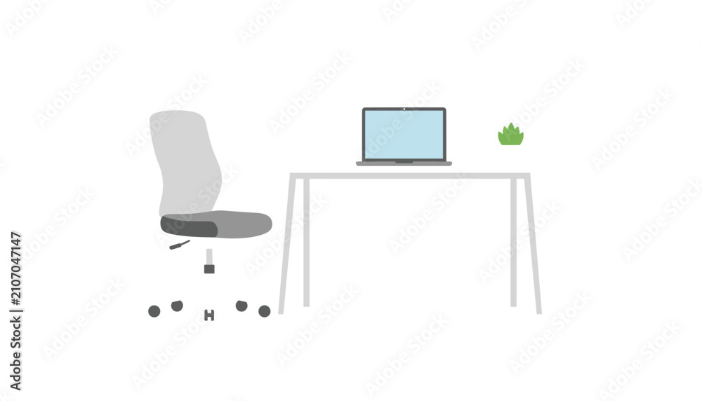 Fototapeta premium Empty office workstation with a laptop on a white desk and a modern rolling office chair.