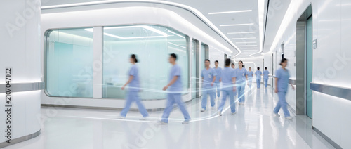 Modern hospital corridor with blurred doctors walking through bright minimalist healthcare interior, conveying medical innovation, patient care, clinical excellence healthcare architecture. copy space