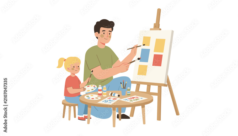 Fototapeta premium Dad and daughter painting on a canvas easel together in a bright creative studio space.