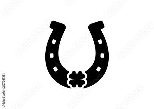 Black Lucky Horseshoe with Four Leaf Clover Icon Vector Isolated on White Background, Good Luck Fortune Symbol 
