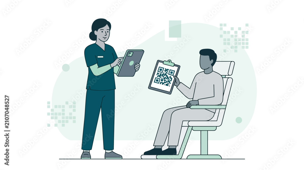 Fototapeta premium Nurse and Patient Interaction: QR Code Scanning for Medical Data and Digital Health Check-in