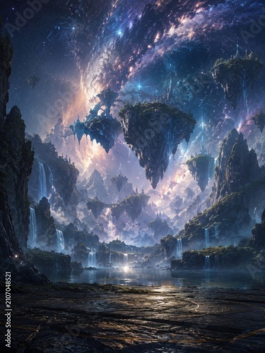 Floating island fantasy landscape with waterfalls, celestial sky and mystic nebula over serene lake