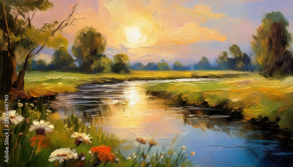 Obraz premium Paintings Landscape Fine Art Summer Landscape Oil Painting Of A Peaceful River At Sunris