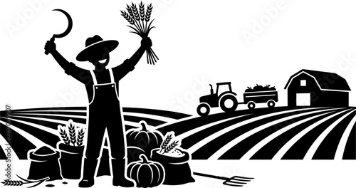 Foto Farmer harvesting crops in field graphic silhouette with harvest time agricultur