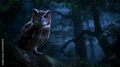 Owl perched on a moss-covered log in a dark forest, illuminated by moonlight, showcasing its striking features and intense gaze amidst the mysterious surroundings