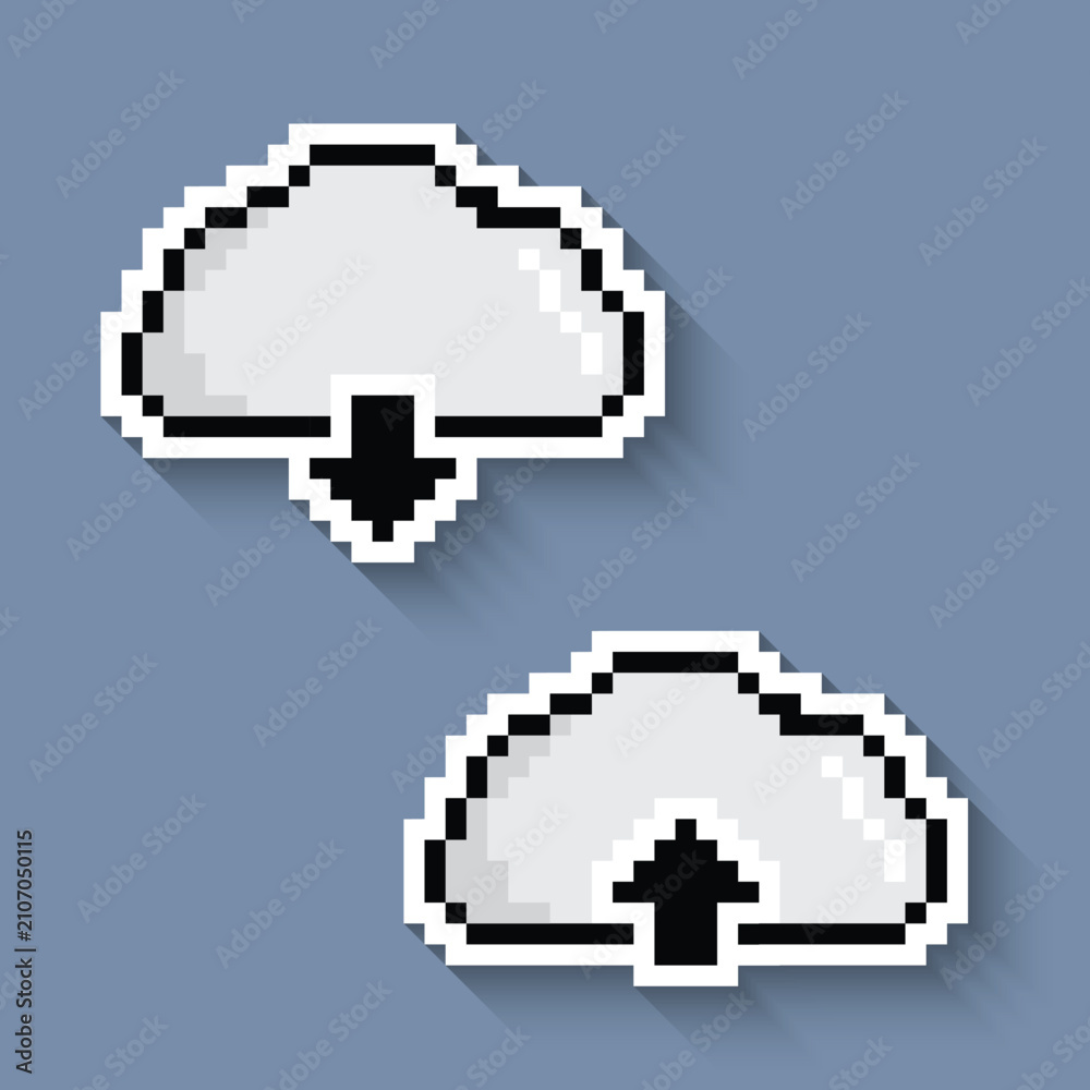 Fototapeta premium Cloud download upload long shadow sticker 8 bit vector icon for computer game logo