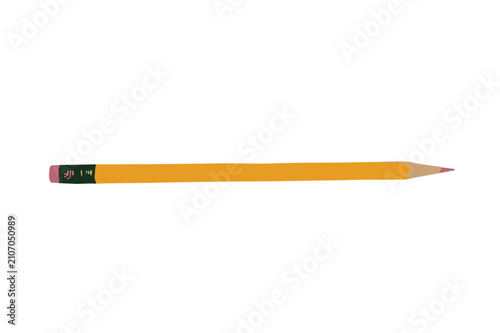 Photos A single yellow wooden pencil with a dark green metal ferrule and a pink eraser,