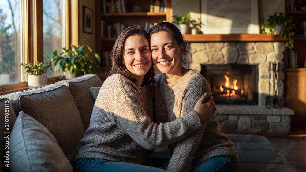 Fototapeta premium Happy young women embracing on a living room sofa near a cozy fireplace