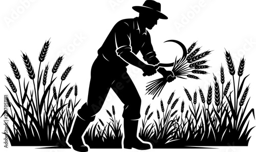 Bild auf Leinwand Silhouette of a farmer harvesting golden wheat with a sickle in rural field, agr
