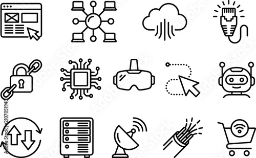 Internet technology and network infrastructure line icon set featuring cloud computing, computer server, database, and chatbot assistant