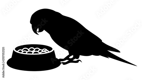 Parakeet Eating from Food Bowl Black Silhouette Graphic for Pet Care Websites, Avian Nutrition Blogs, Veterinary Educational Materials, and Animal Welfare Cards