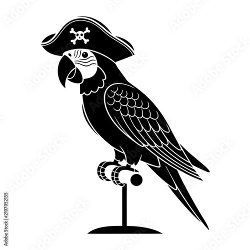 Black Silhouette Parrot Wearing Pirate Hat on Stand for Pirate Theme Party Invitations, Children's Adventure Story Books, and Brand Identity Design