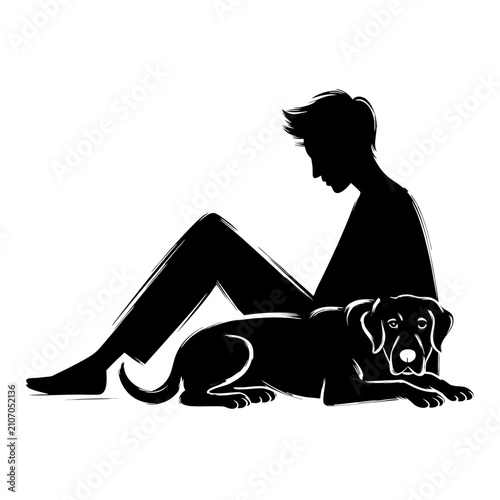 Man and dog resting, a tranquil silhouette illustration depicting the human animal bond for pet care blogs, veterinary websites, and emotional support content