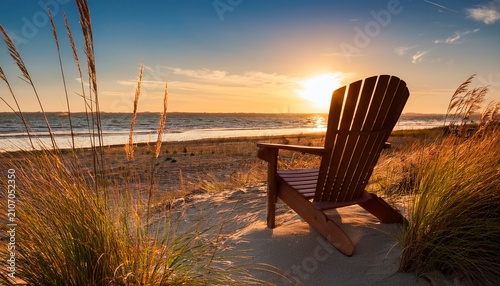 Adirondack Chair On A Sandy Beach At Sunset With Sea Oats