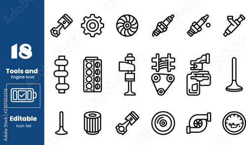 Bild auf Leinwand Auto Parts And Engine Components Editable Outline Vector Icon Set | Automotive R