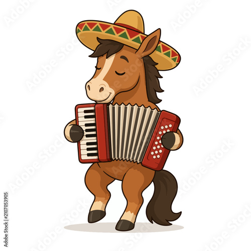 Cute Horse Playing Accordion in Sombrero Cartoon Illustration