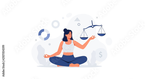 Woman meditating in lotus pose near balanced scales and financial symbols, representing balance, harmony, and financial well-being.