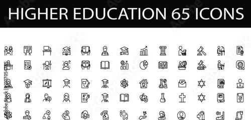 Higher education icon set with outline symbols for learning and academic success