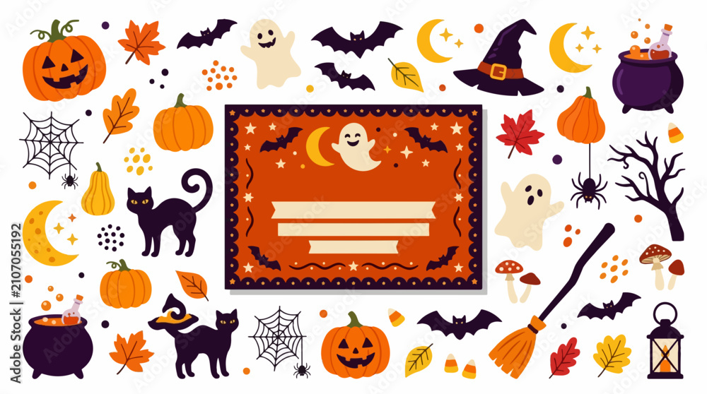 Fototapeta premium Happy Halloween Elements Collection: A vibrant collection of classic Halloween motifs, including grinning jack-o'-lanterns, playful ghosts, mischievous black cats, and spooky bats.