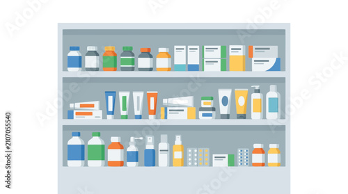 Pharmacy Shelving: A well-stocked pharmacy shelf displays a variety of medicine bottles, tubes, and boxes, representing healthcare and pharmaceutical products.