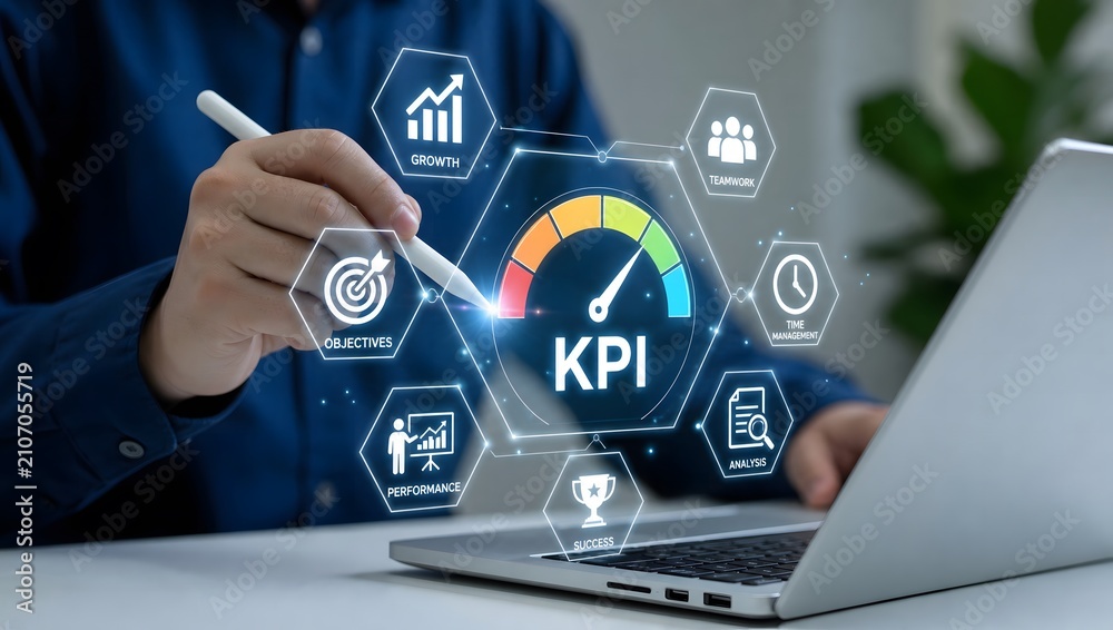 Fototapeta premium Businessman analyzing KPI performance on laptop, concept of key performance indicator and business objectives.