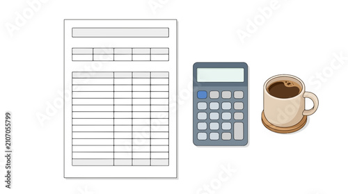 Financial Recordkeeping: A stark, graphic representation of a financial document, a calculator, and a cup of coffee, illustrating the essence of accounting and financial planning.