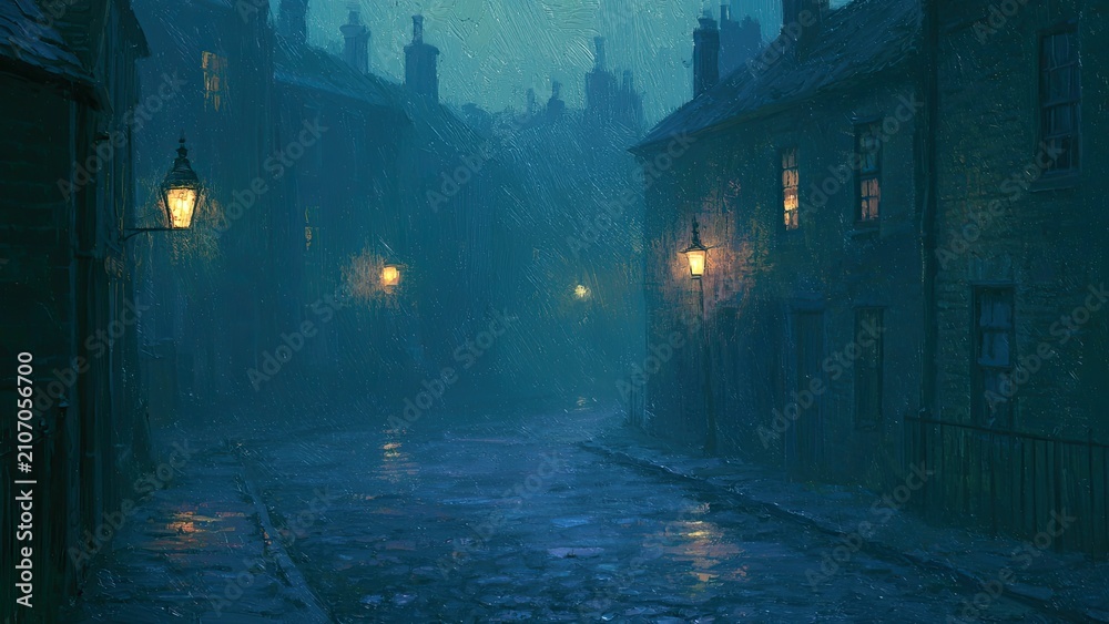 Fototapeta premium 雨降る夜の古い街並みと光る街灯 青く幻想的な石畳の路地背景