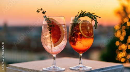 Refreshing cocktails with fruit and herbs, served outdoors at sunset