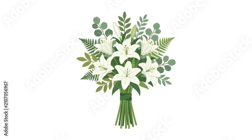 Elegant White Lily Bouquet: A beautiful arrangement of pure white lilies and lush green foliage, symbolizing purity, elegance, and renewal. This bouquet is perfect for special occasions.