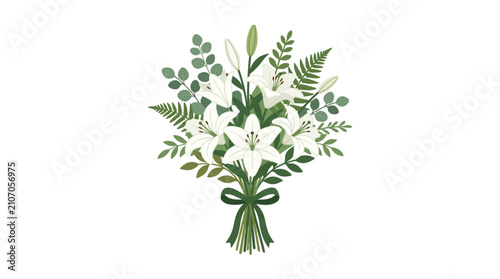 Elegant White Lily Bouquet: A refined arrangement of pristine white lilies and lush green foliage, tied with a delicate green ribbon, creating a symbol of purity and grace.