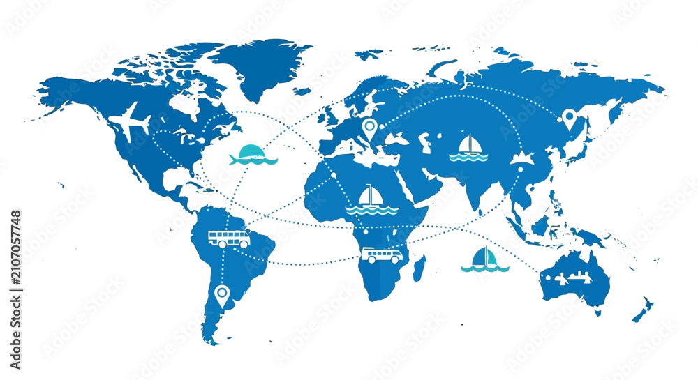 Naklejka premium Global Logistics and Travel Network World Map Illustration with Transportation Icons and Shipping Routes