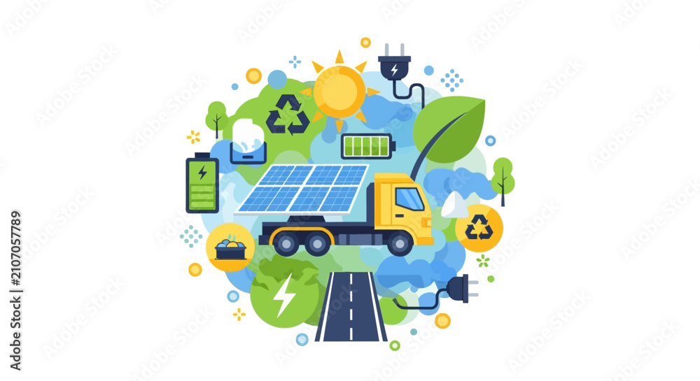 Naklejka premium Green Logistics and Sustainable Transport Illustration with Solar Powered Electric Truck and Renewable Energy Icons for Eco-Friendly Supply Chain and Global Sustainability