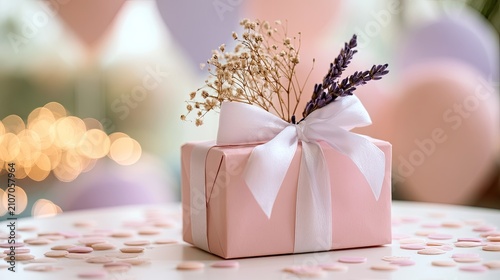 Delicate pink gift box adorned with dried flowers and a white ribbon