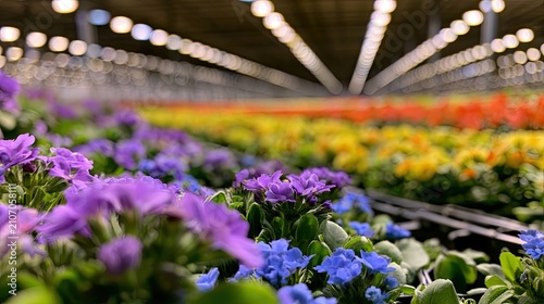 Rows of vibrant flowers bloom under greenhouse lights, creating a colorful spectacle