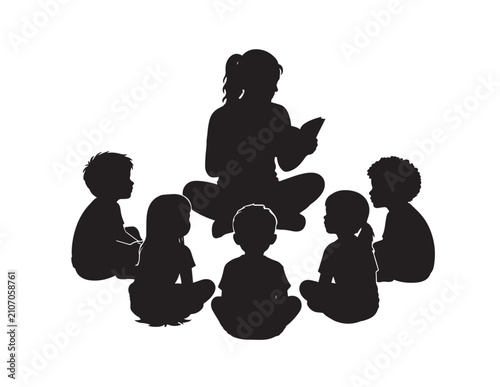 Silhouette of teacher and children reading together vector illustration on white