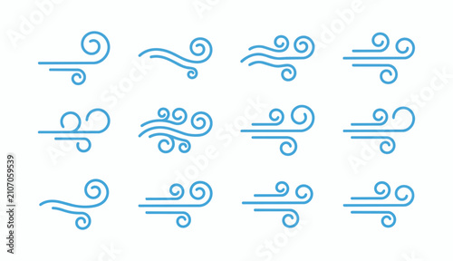 Set of blue line-style wind icons showing swirling air blow symbols, ideal for weather and forecast designs.