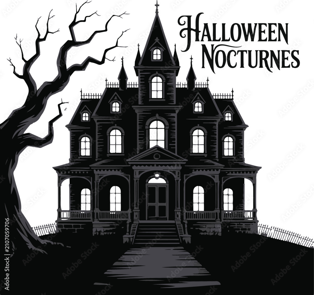 Fototapeta premium Halloween haunted house silhouette with crescent moon, dead trees