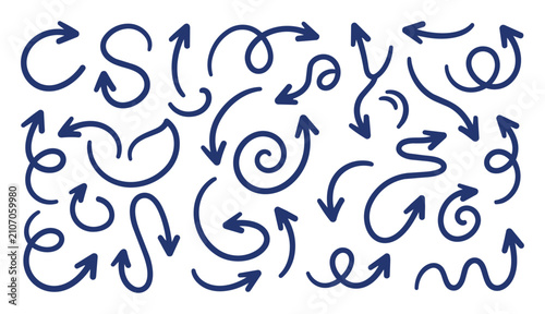 Collection of hand-drawn doodle arrows, curves, and swirls in navy blue, perfect for infographic and design elements.