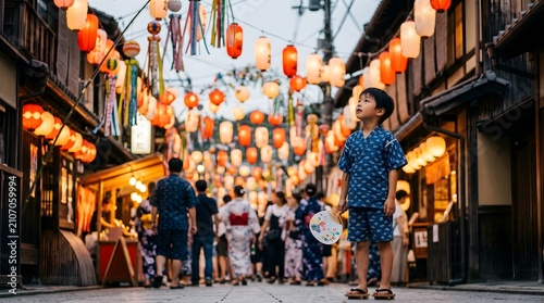 Young boy in traditional Japanese yukata exploring a vibrant street market