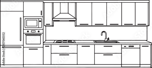 Photos Line art vector of modern kitchen interior depicting full wall cabinetry with s