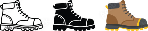 Foto Safety Boot Icon Set – Outline, Glyph, and Flat Protective Work Shoe for Constru