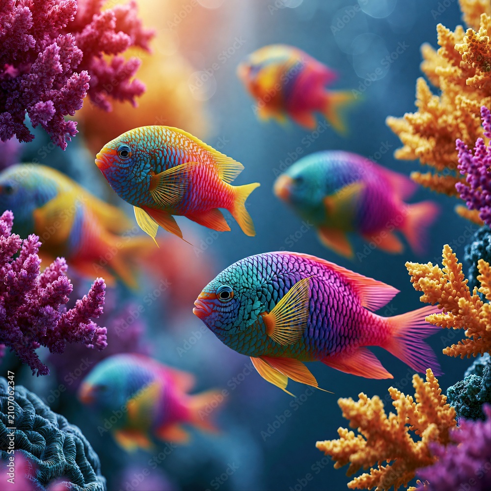 Fototapeta premium Colorful fish swim among coral reefs in a vibrant underwater scene during daylight