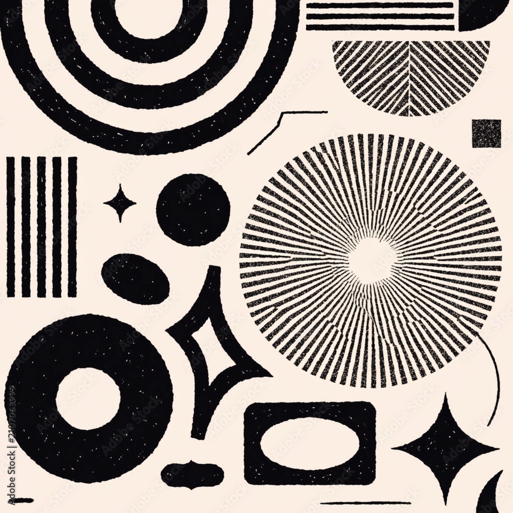 A collection of abstract geometric shapes and star elements with a retro grain texture in black and beige. Perfect for backgrounds, design projects, and creative compositions with a vintage and modern
