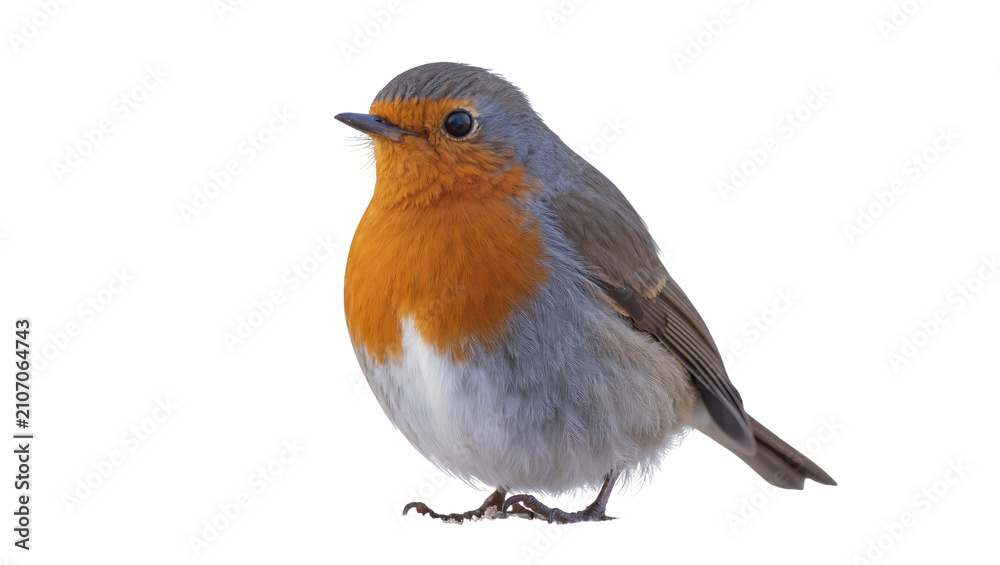 Fototapeta premium Isolated European Robin bird standing in profile, showing vibrant orange breast and grey plumage